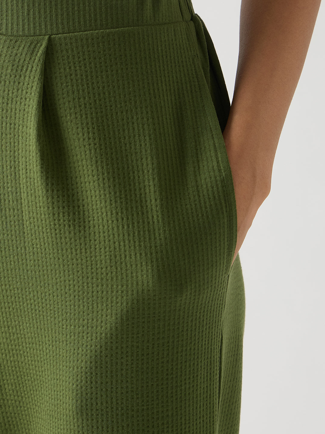 Green Seersucker Cotton Knit Straight Pants