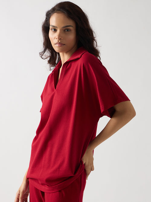Red Seersucker Cotton Knit T- Shirt