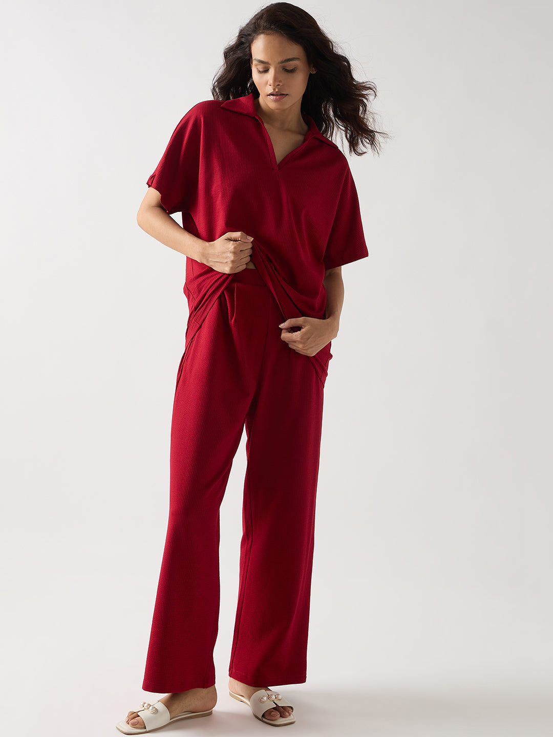 Red Seersucker Cotton Knit Straight Pants