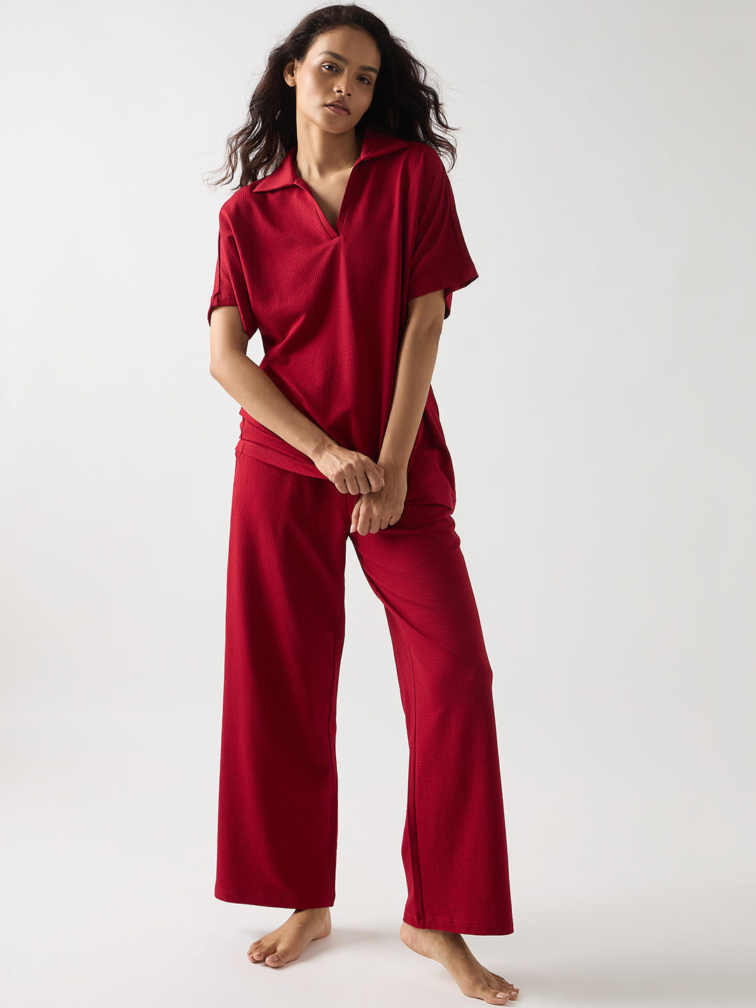 Red Seersucker Cotton Knit T- Shirt