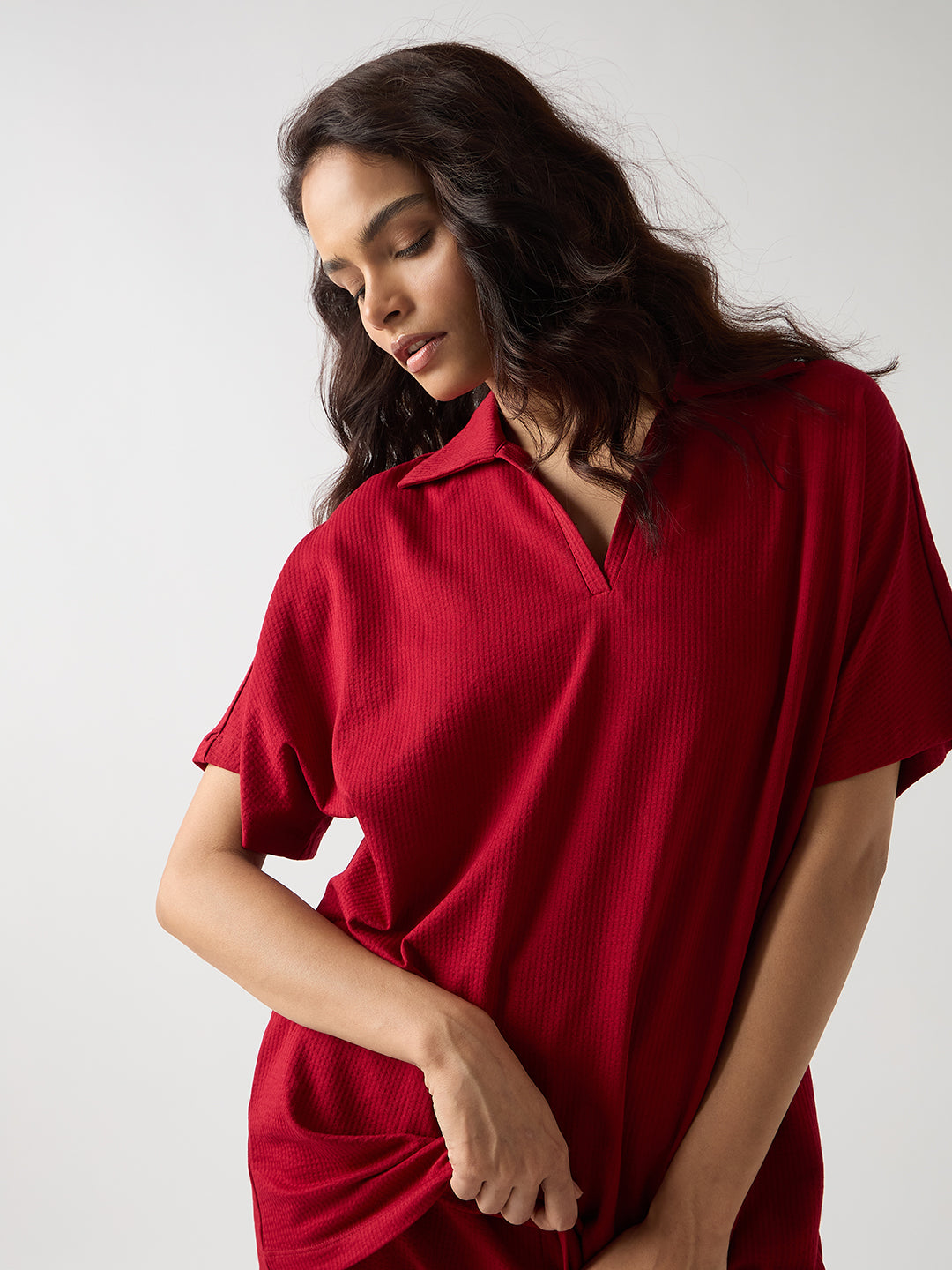 Red Seersucker Cotton Knit T- Shirt