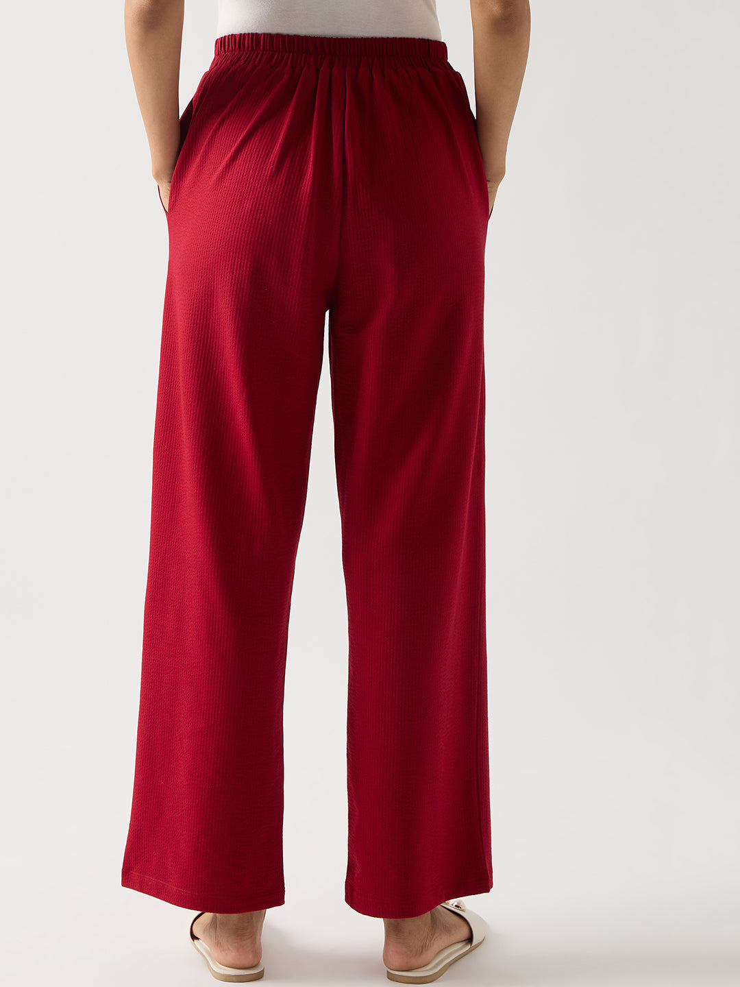 Red Seersucker Cotton Knit Straight Pants
