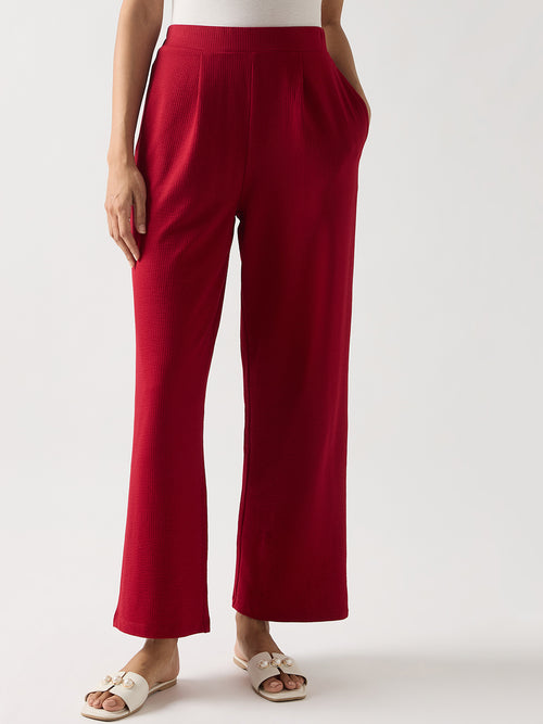 Red Seersucker Cotton Knit Straight Pants