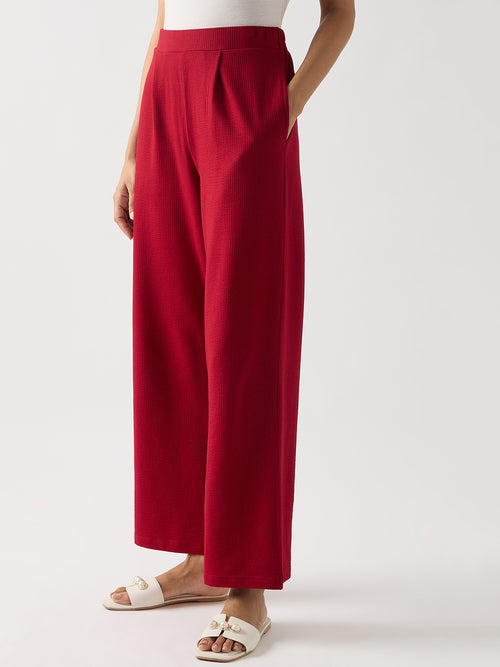 Red Seersucker Cotton Knit Straight Pants