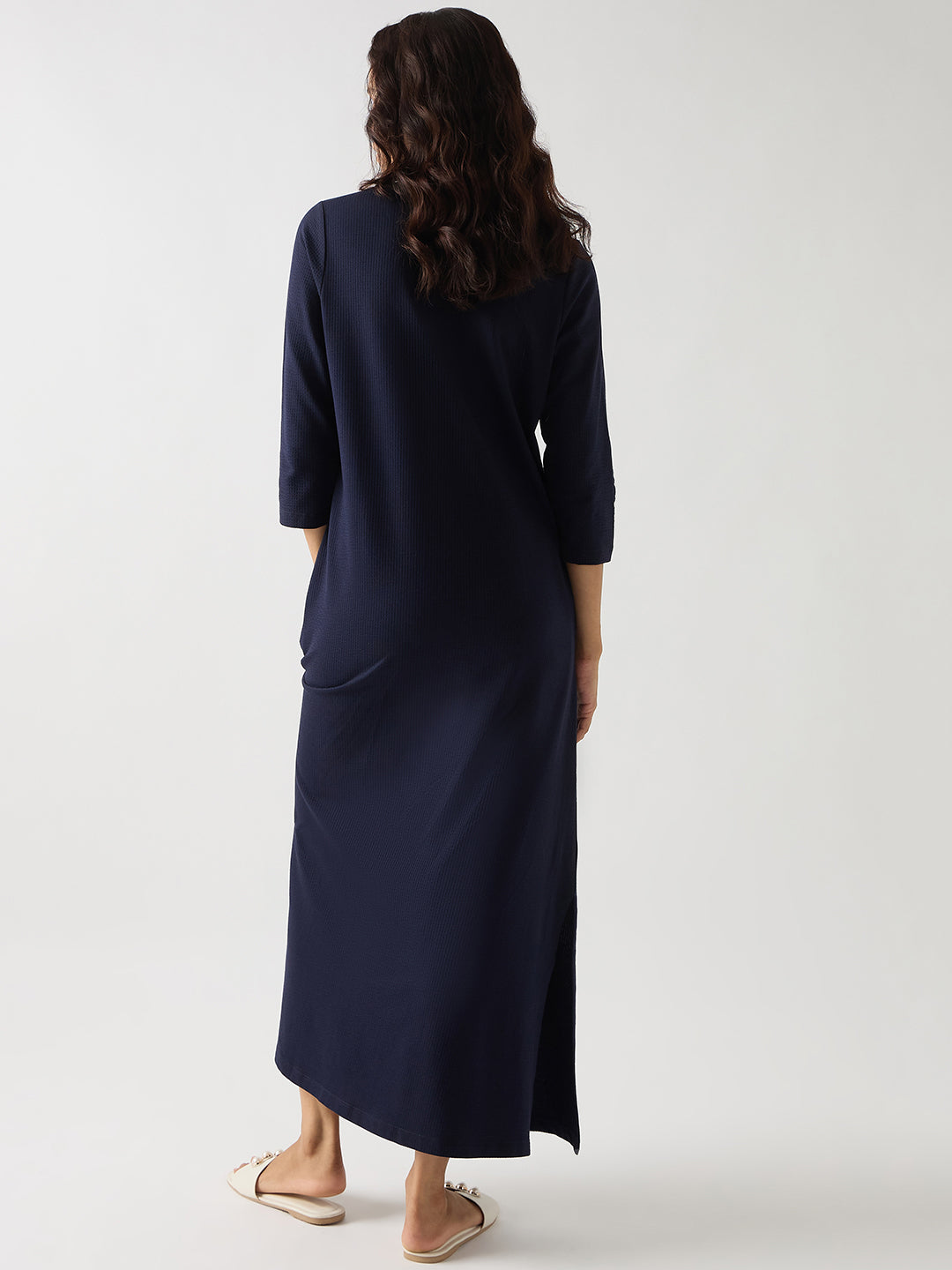 Navy Seersucker Cotton Knit Maxi Dress