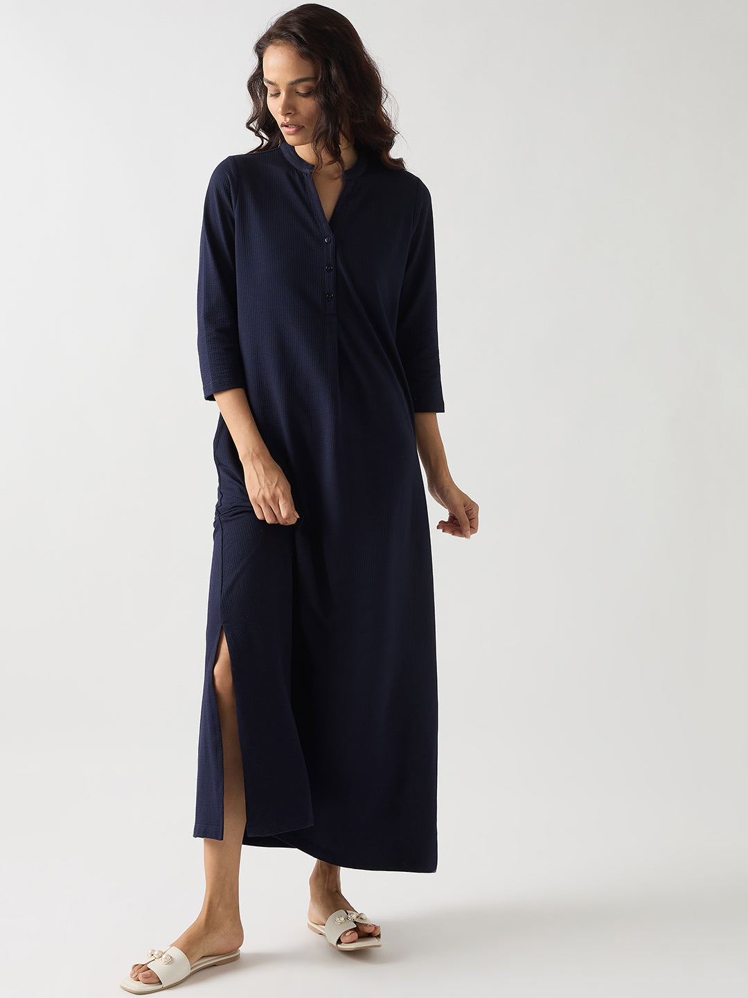 Navy Seersucker Cotton Knit Maxi Dress