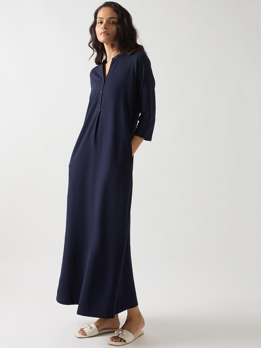 Navy Seersucker Cotton Knit Maxi Dress