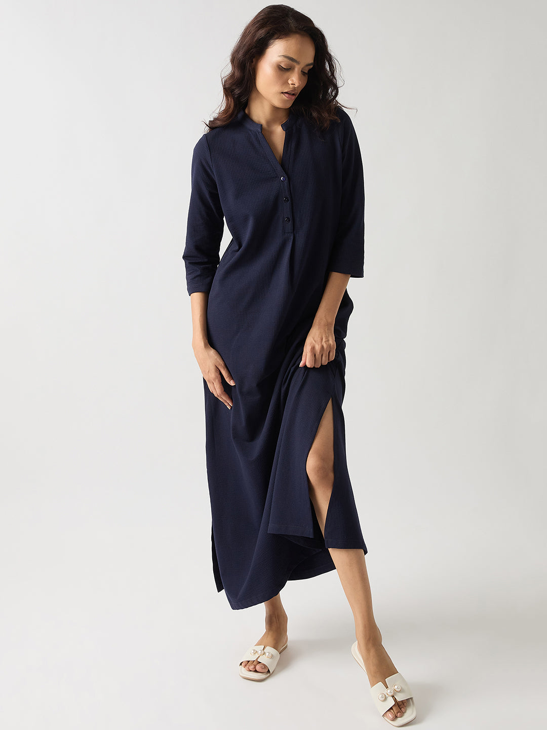 Navy Seersucker Cotton Knit Maxi Dress