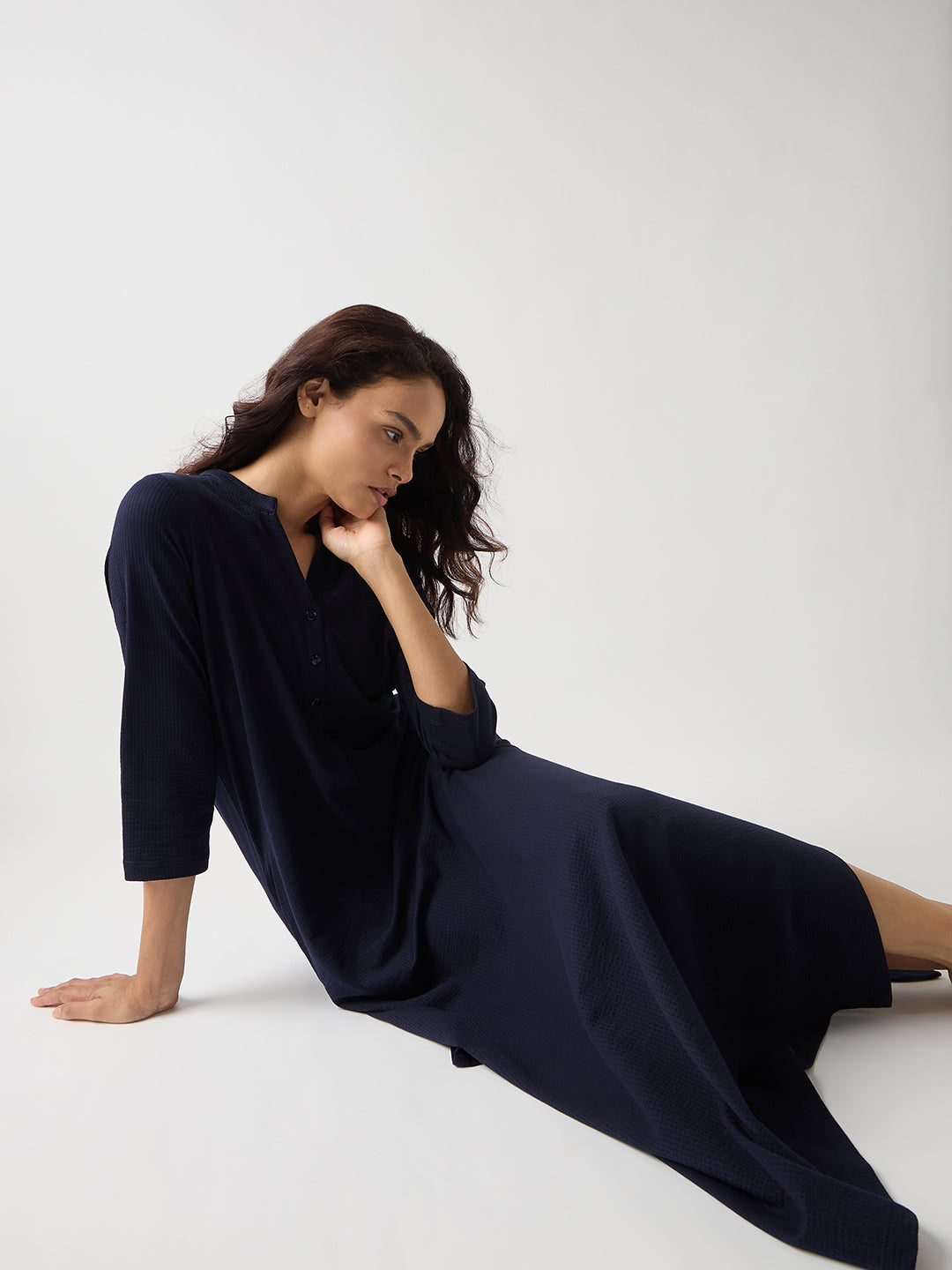 Navy Seersucker Cotton Knit Maxi Dress