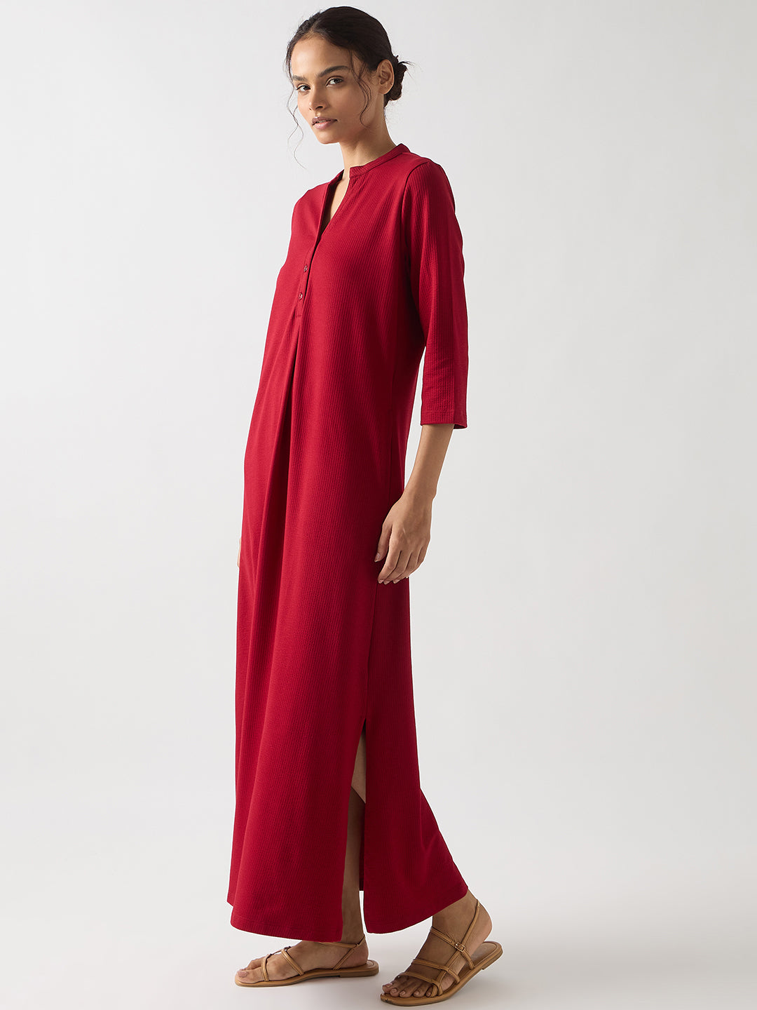 Red Seersucker Cotton Knit Maxi Dress