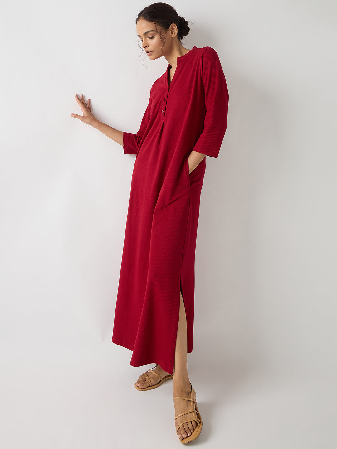 Red Seersucker Cotton Knit Maxi Dress