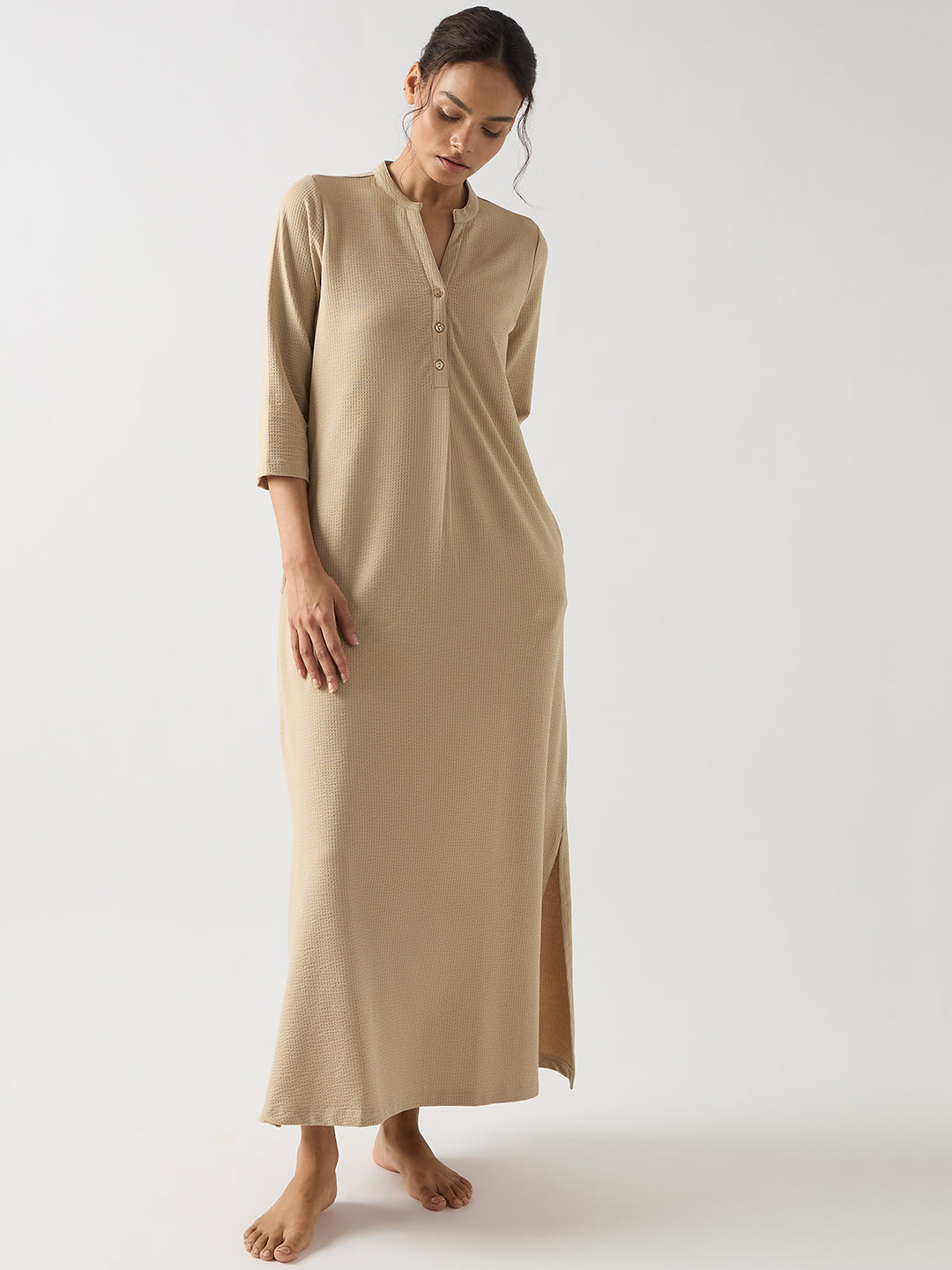 Beige Seersucker Cotton Knit Maxi Dress