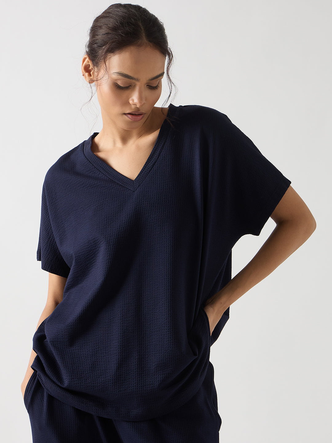 Navy Seersucker Cotton Knit T-Shirt