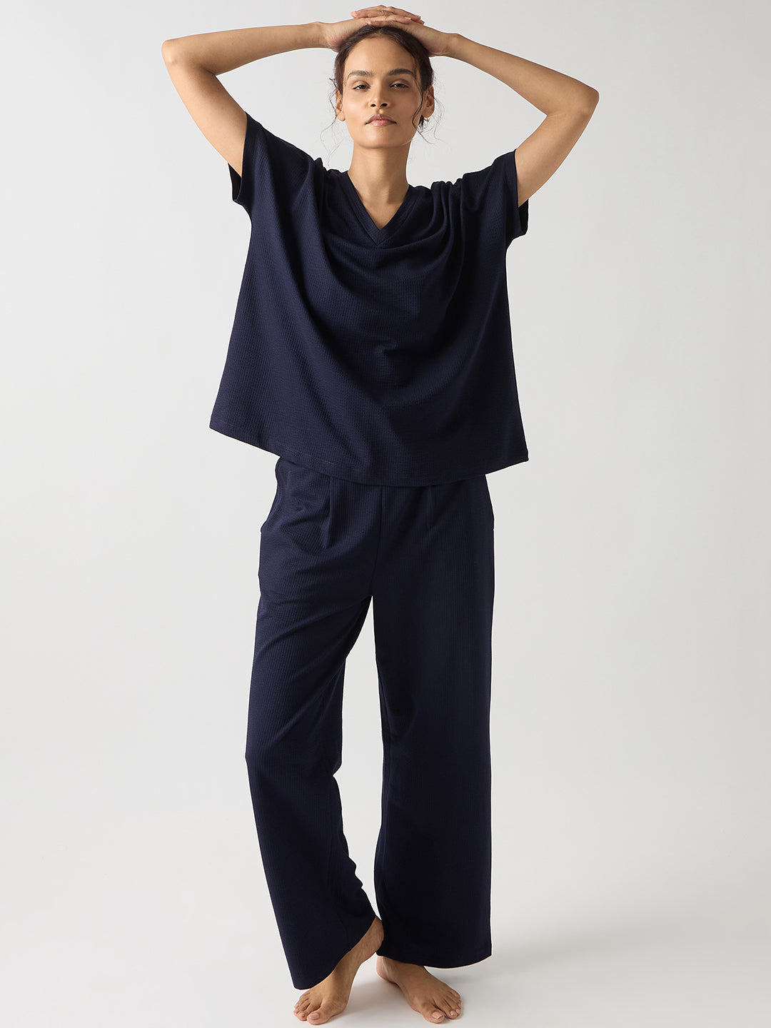 Navy Seersucker Cotton Knit Straight Pants