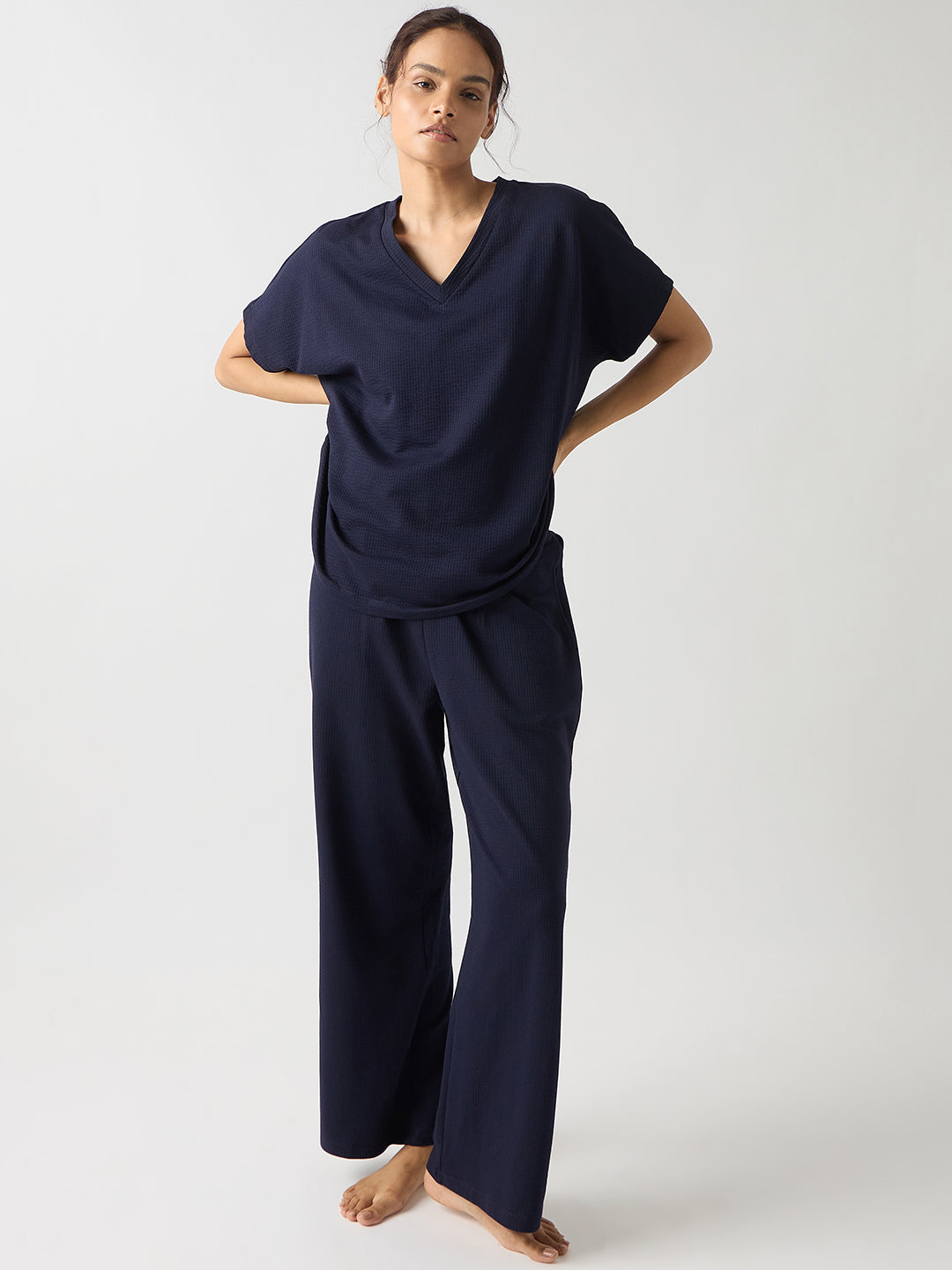 Navy Seersucker Cotton Knit T-Shirt