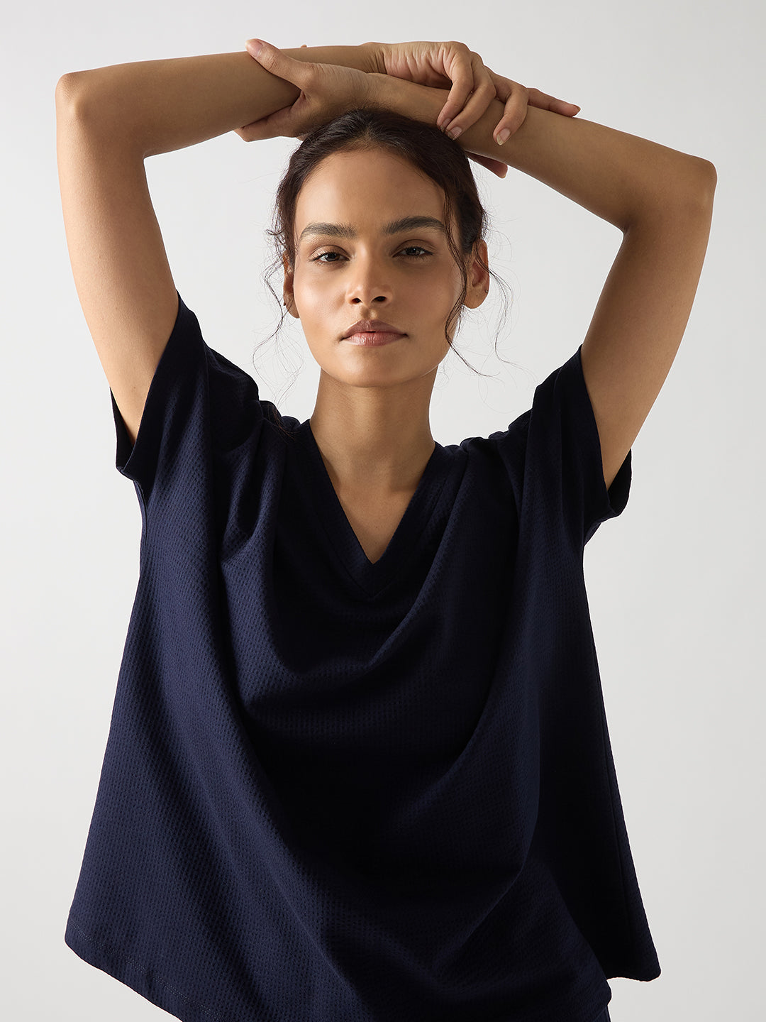 Navy Seersucker Cotton Knit T-Shirt