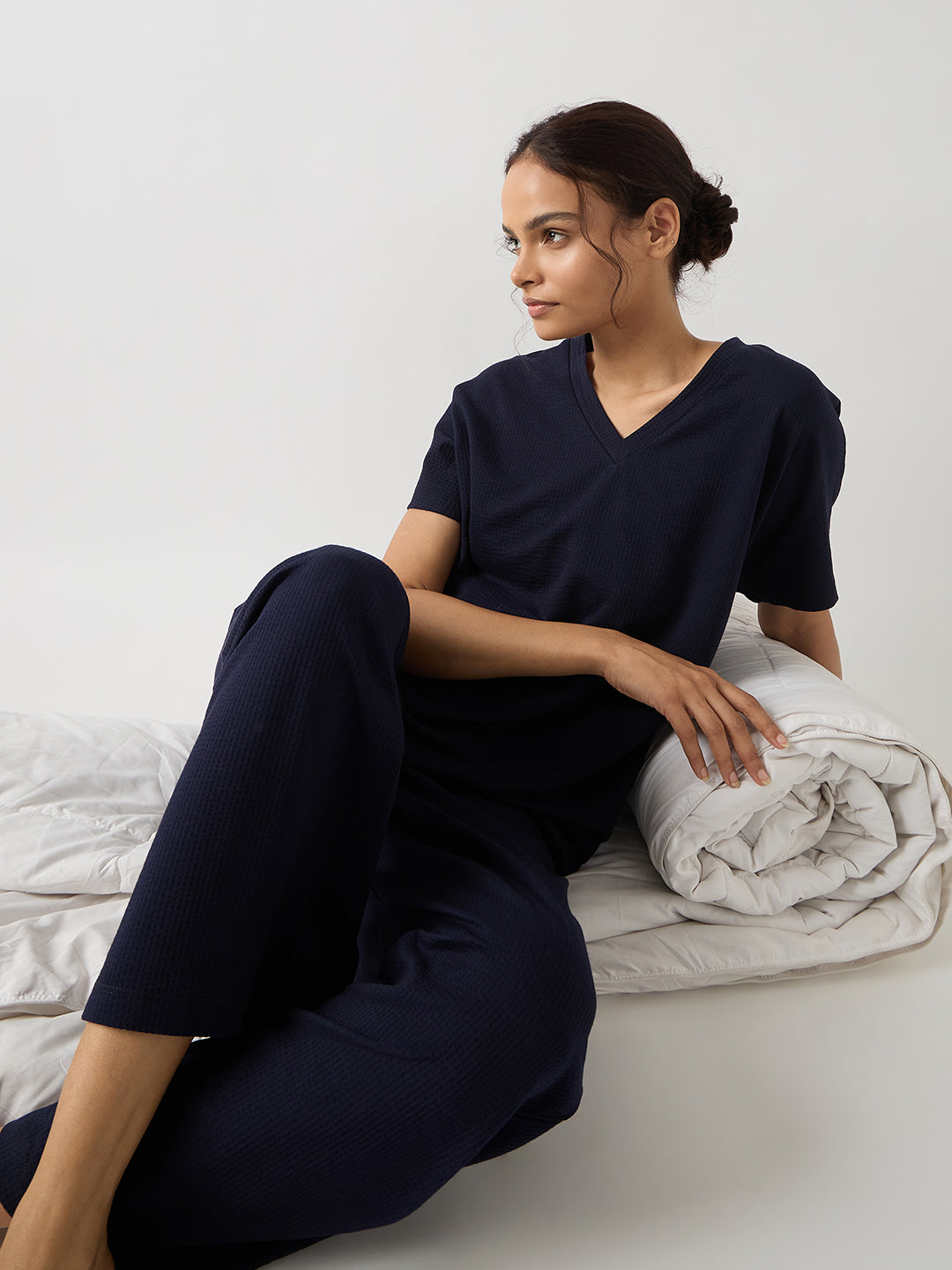 Navy Seersucker Cotton Knit Straight Pants