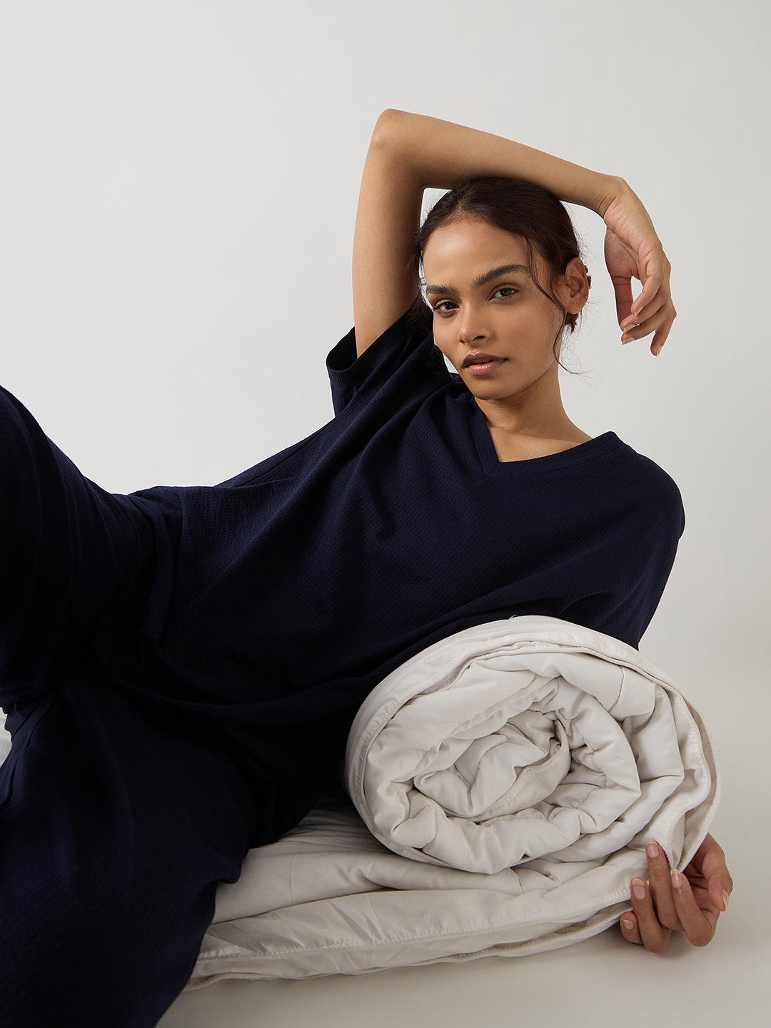 Navy Seersucker Cotton Knit T-Shirt