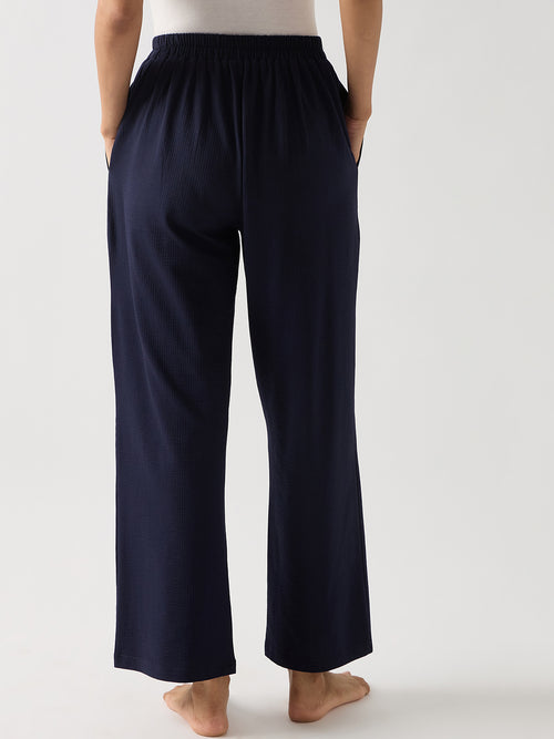 Navy Seersucker Cotton Knit Straight Pants