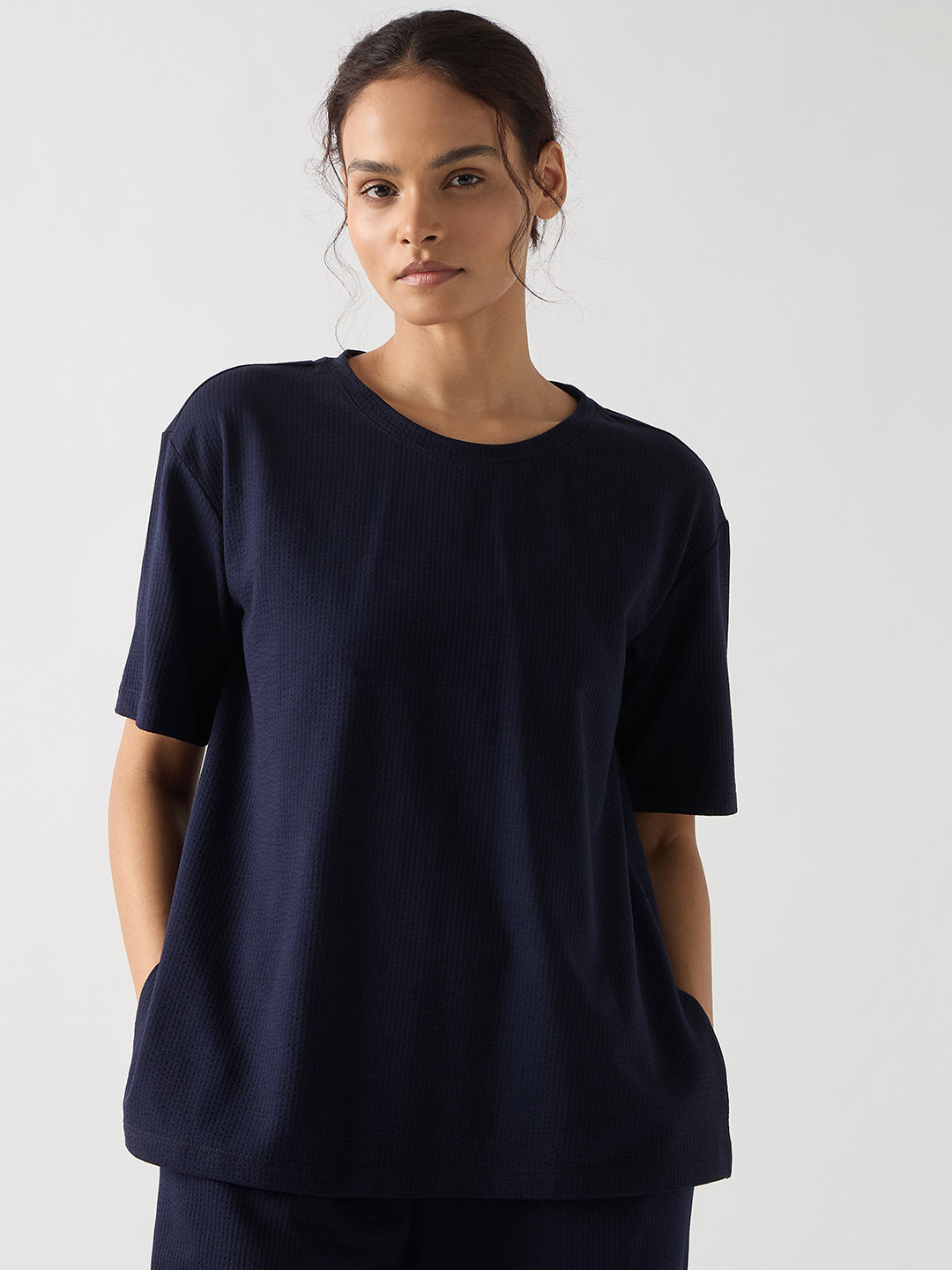 Navy Seersucker Cotton Knit T-Shirt