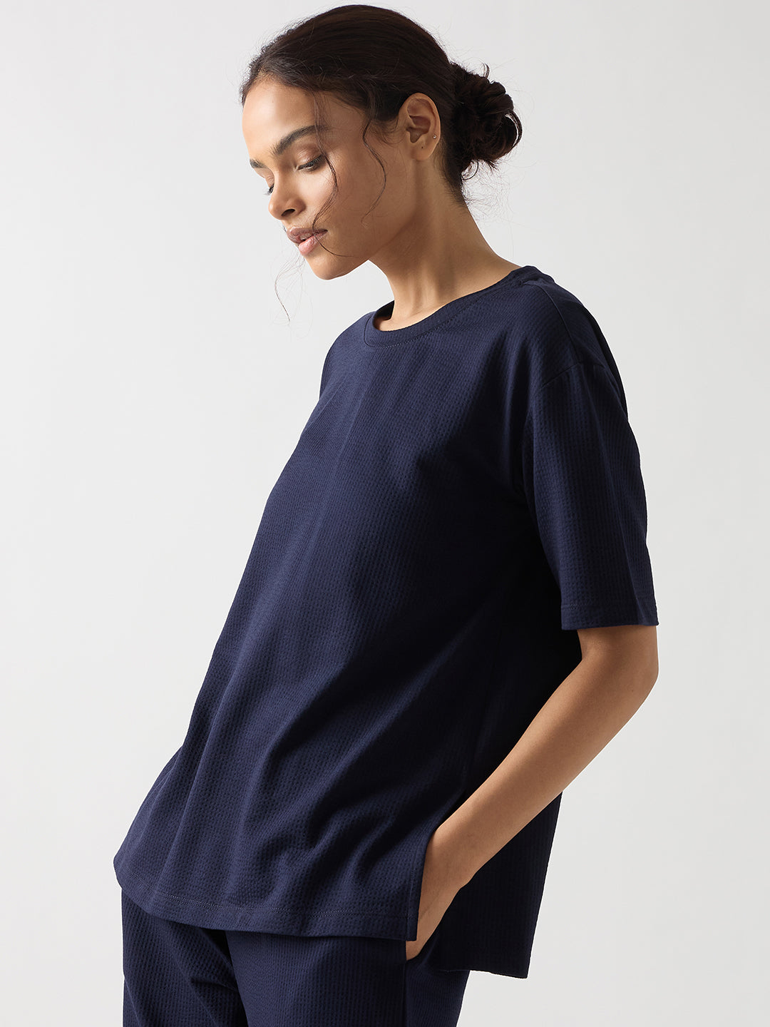 Navy Seersucker Cotton Knit T-Shirt
