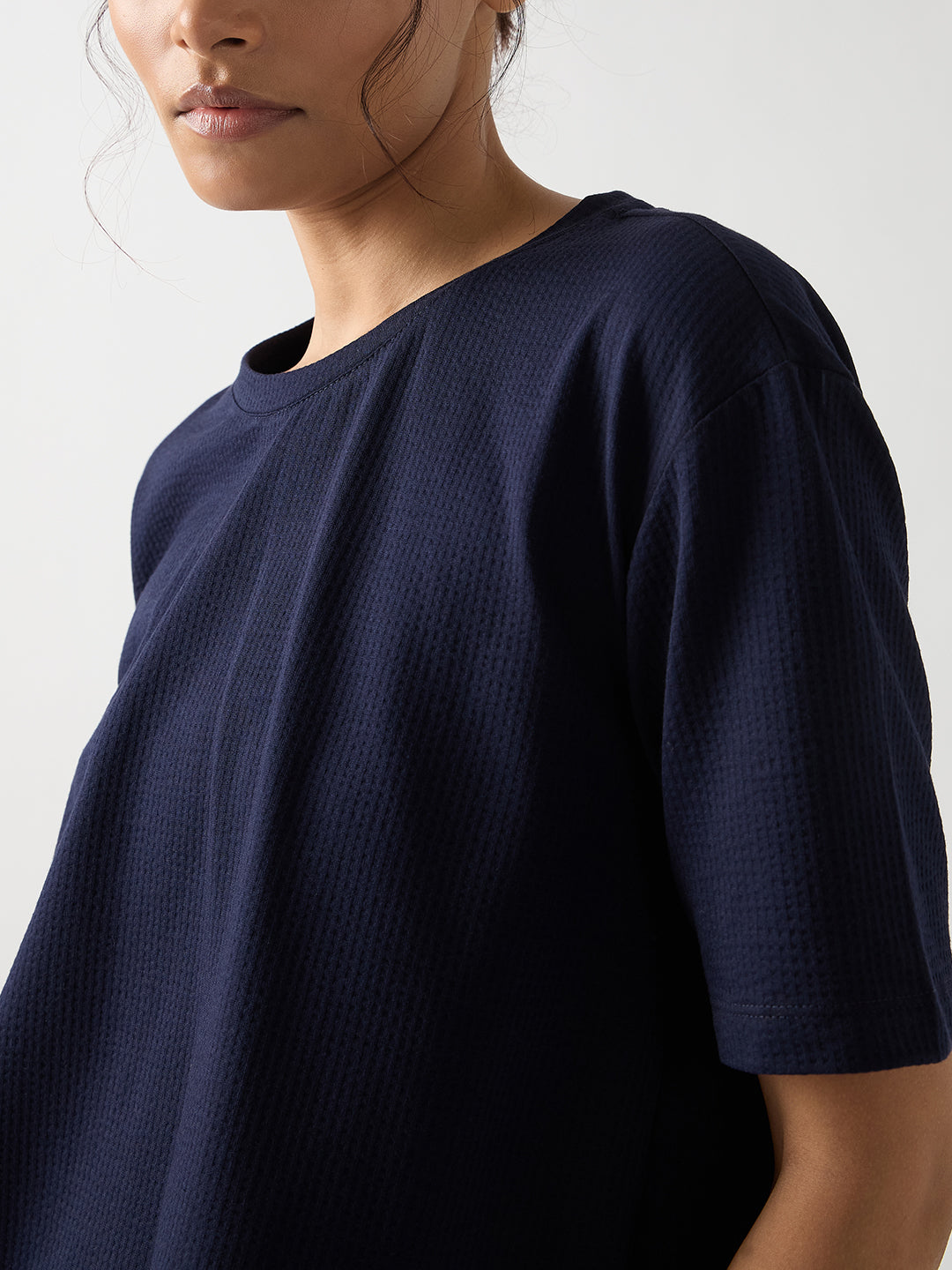 Navy Seersucker Cotton Knit T-Shirt
