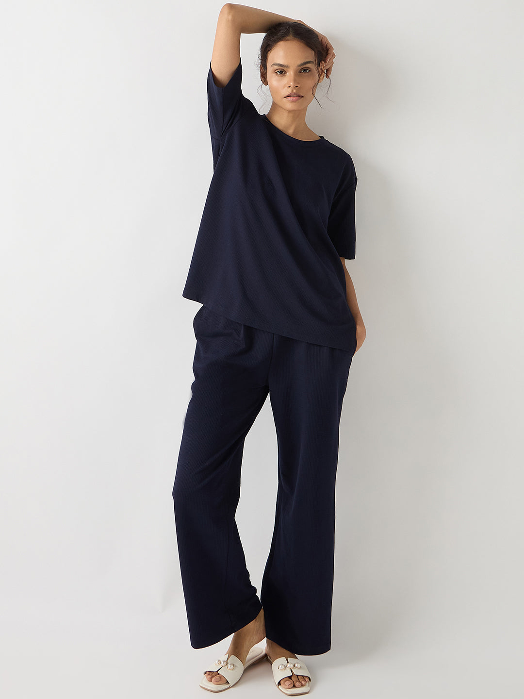 Navy Seersucker Cotton Knit T-Shirt