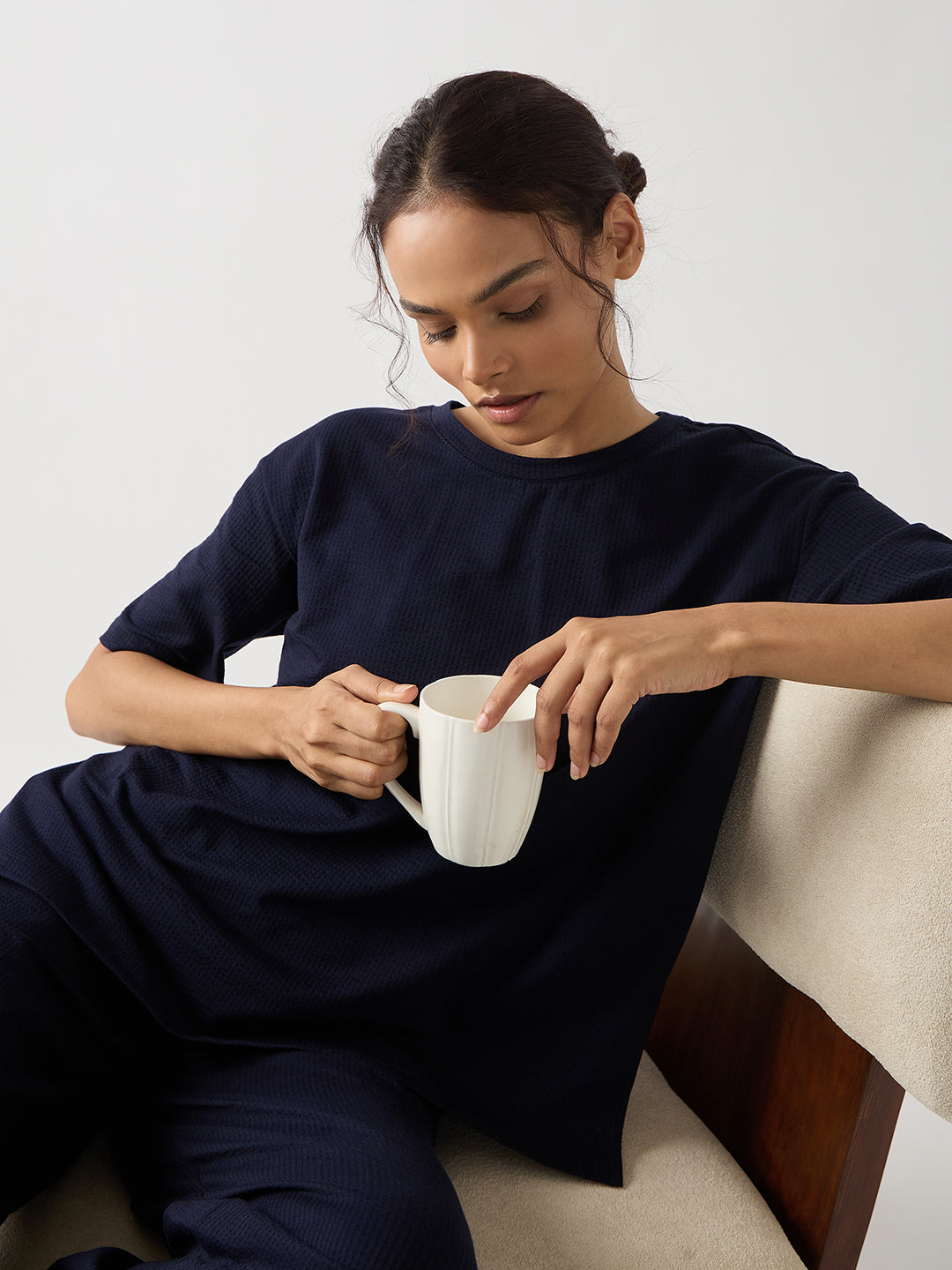 Navy Seersucker Cotton Knit T-Shirt