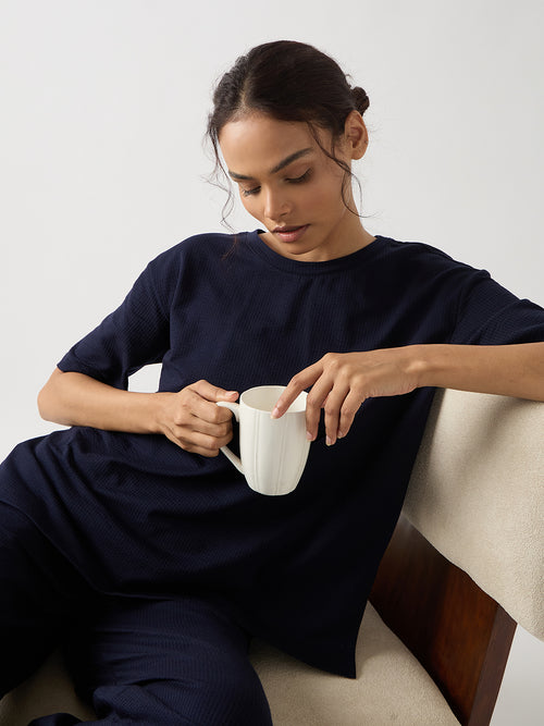 Navy Seersucker Cotton Knit T-Shirt