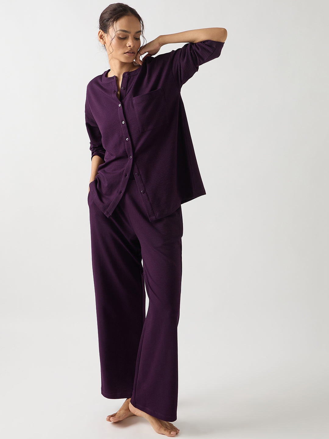 Purple Seersucker Cotton Knit Straight Pants