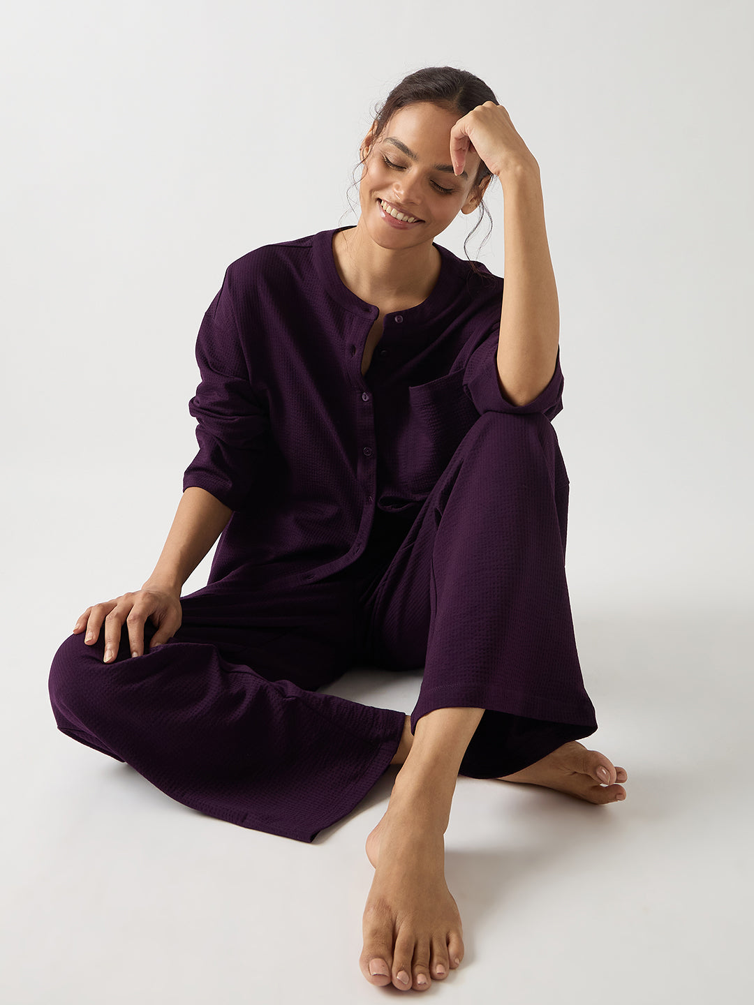 Purple Seersucker Cotton Knit Straight Pants