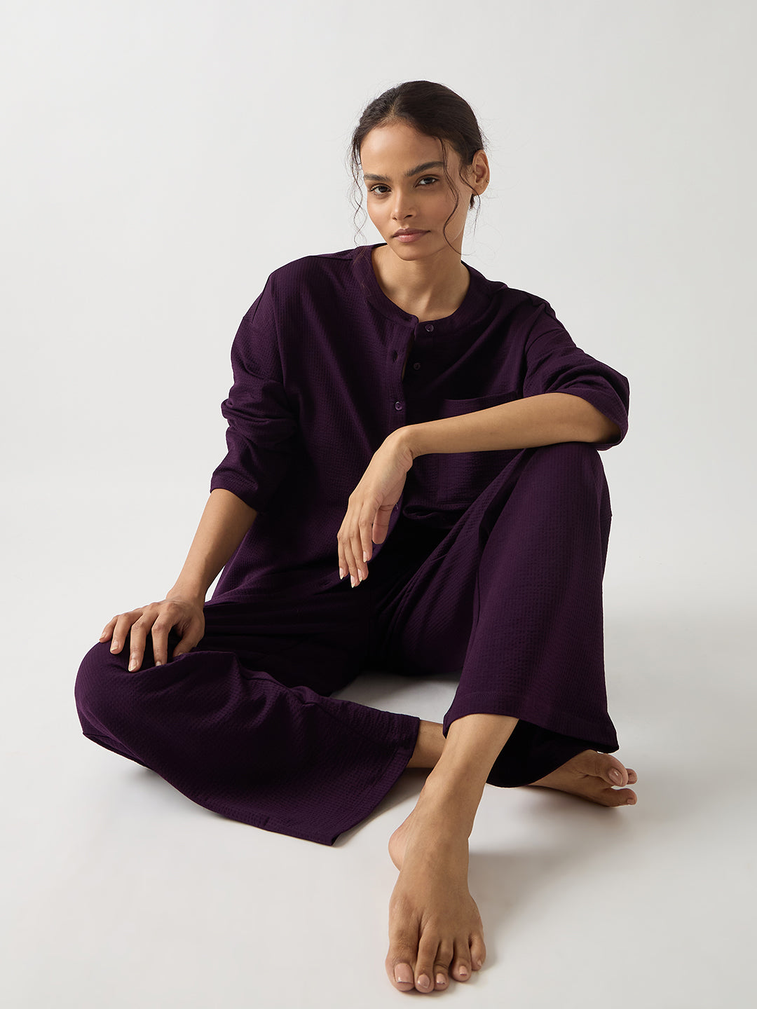 Purple Seersucker Cotton Knit Straight Pants