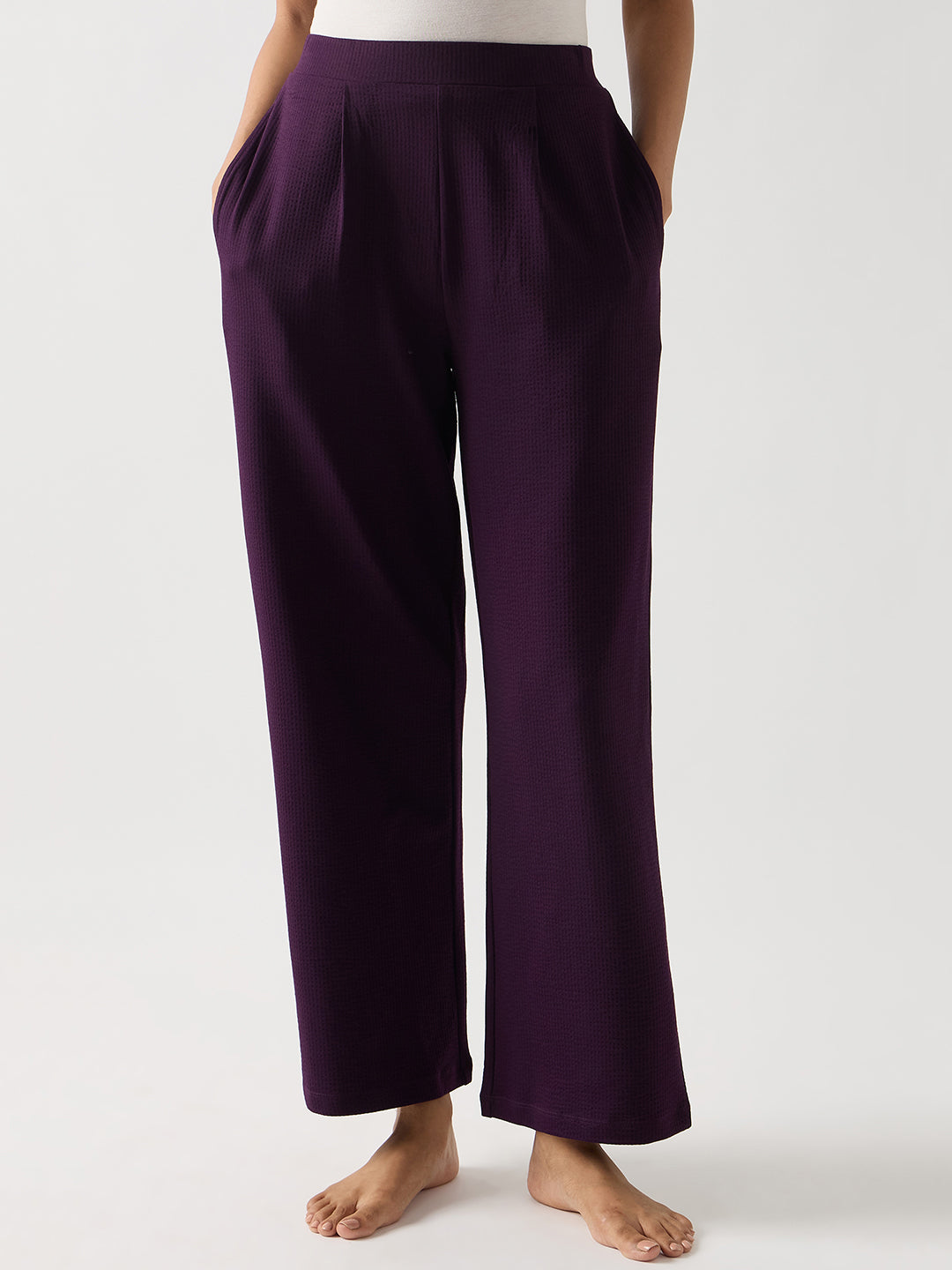 Purple Seersucker Cotton Knit Straight Pants