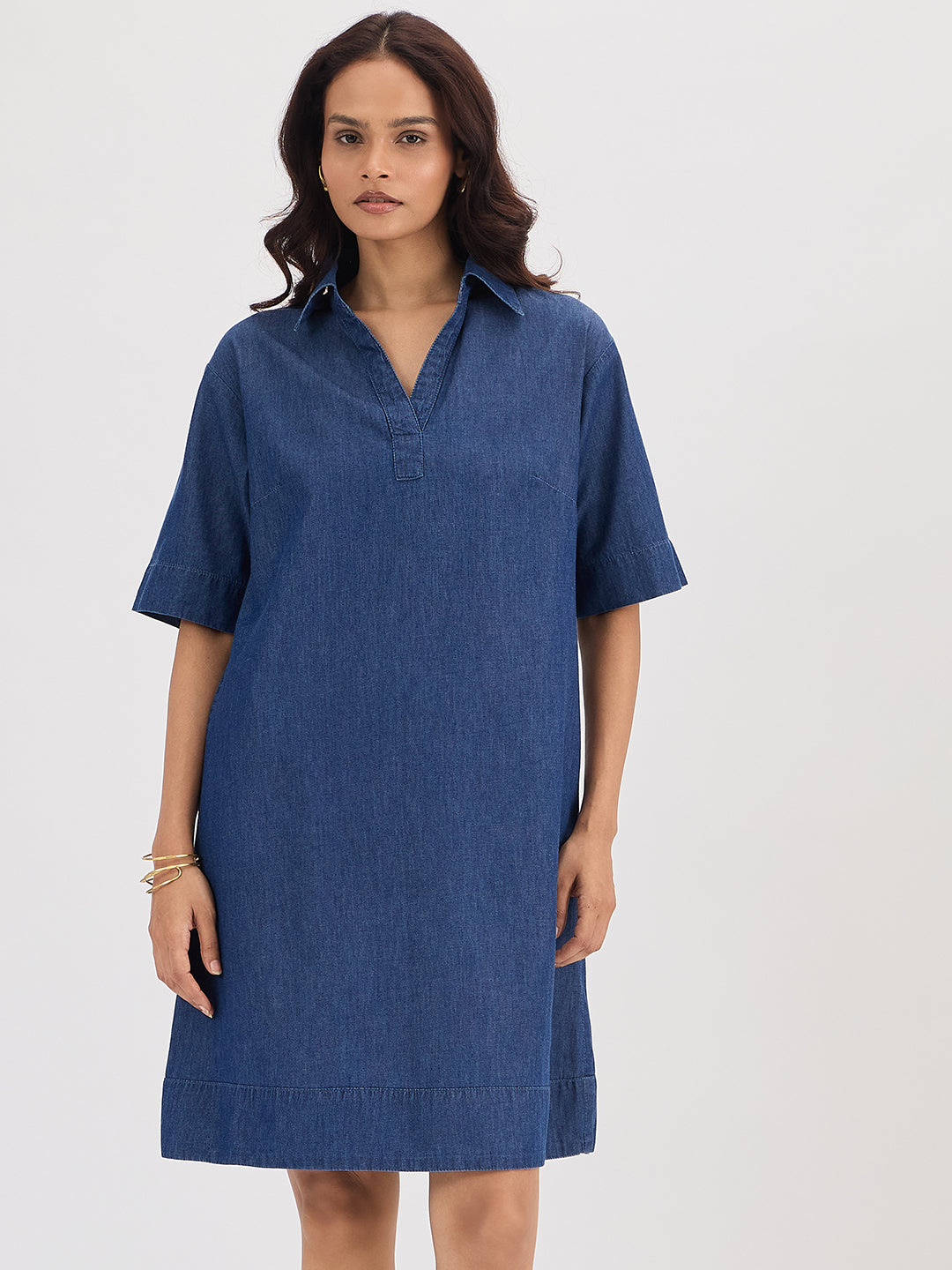 Navy Blue Denim Knee Length Dress