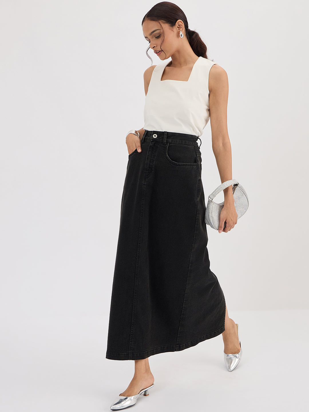 Black Denim Maxi Skirt