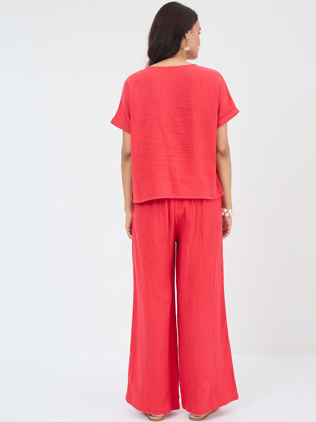 Cotton Gauze Red Round Neck Top With Straight Pant