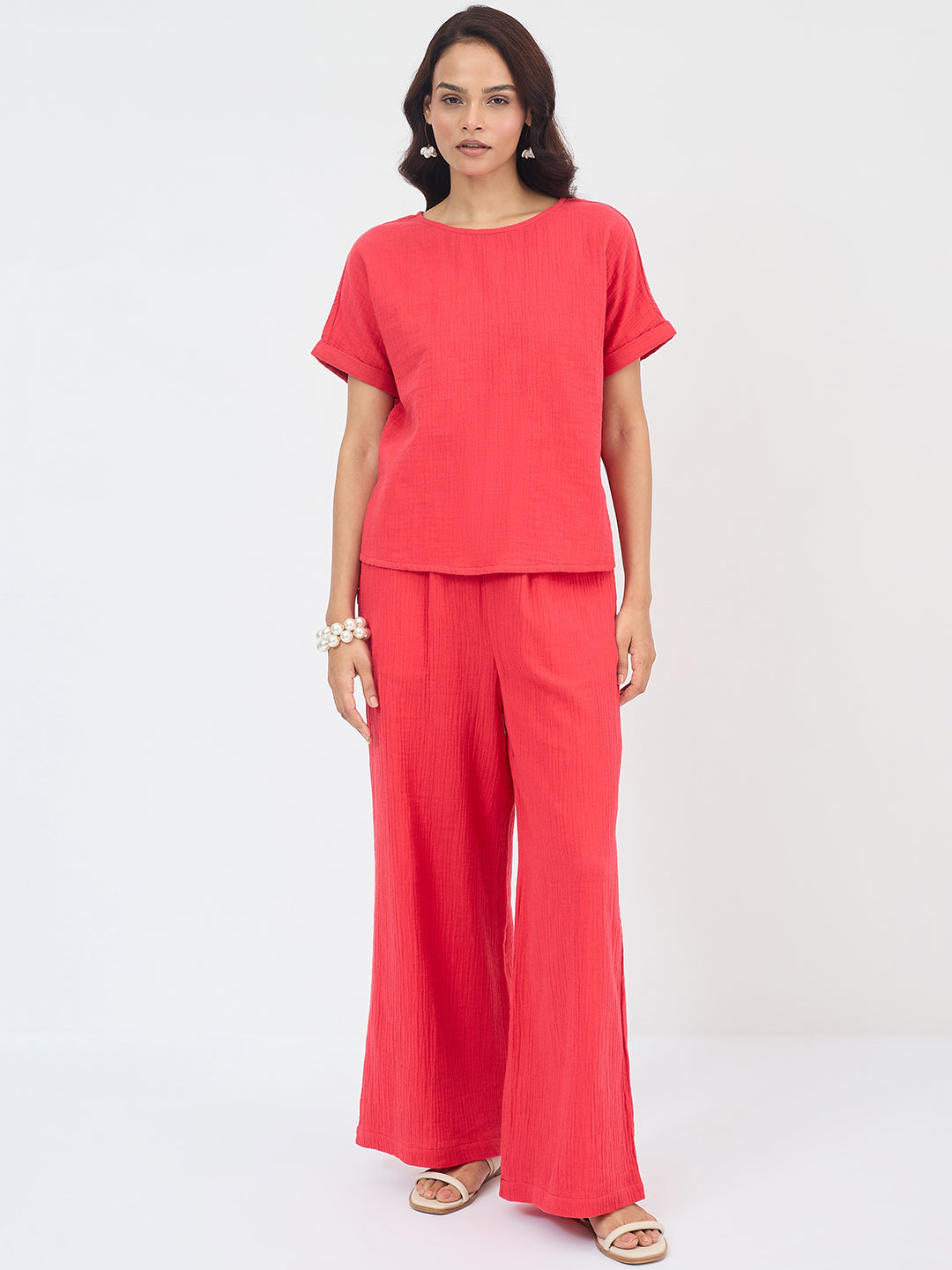 Cotton Gauze Red Round Neck Top With Straight Pant