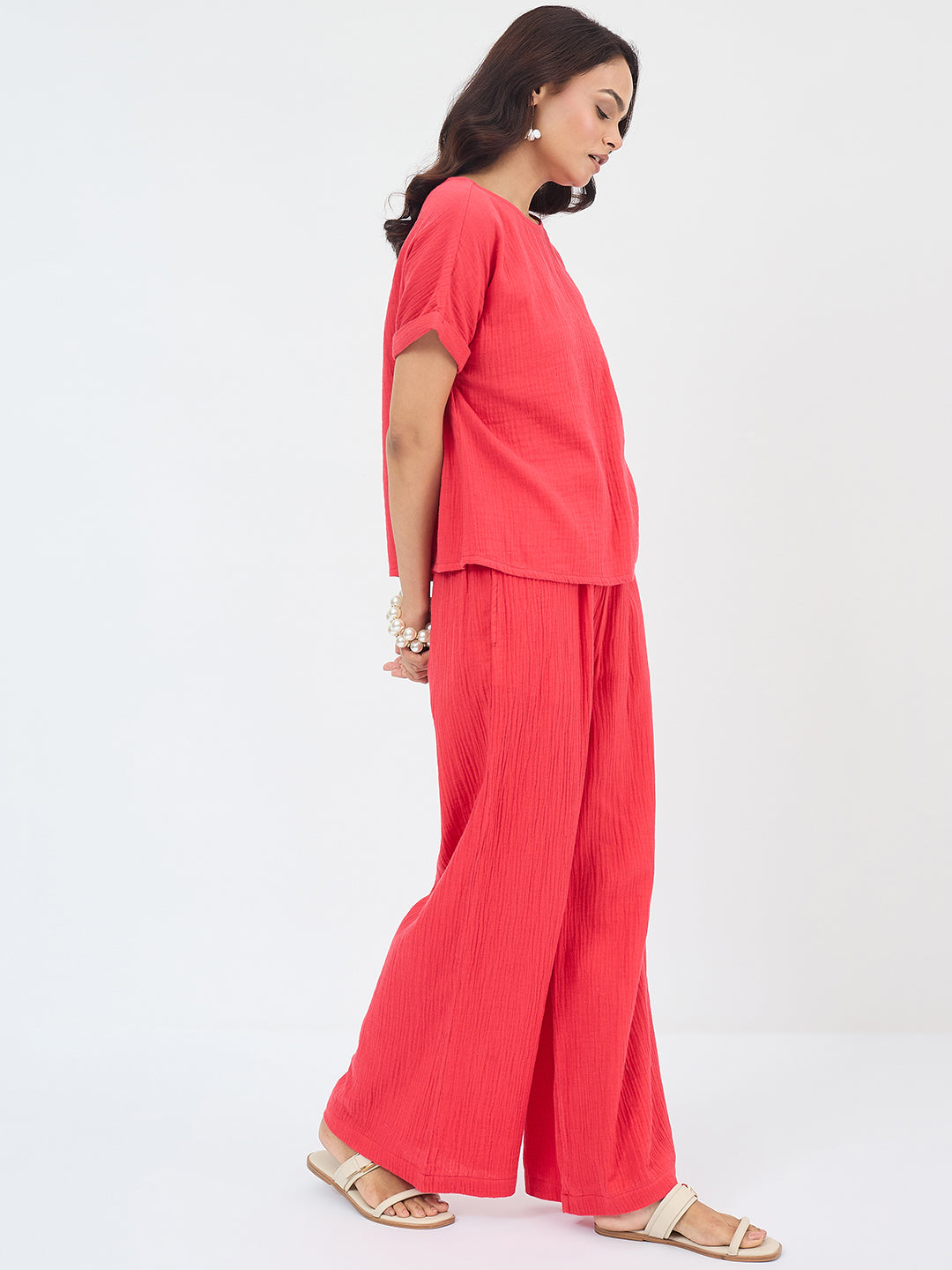 Cotton Gauze Red Round Neck Top With Straight Pant