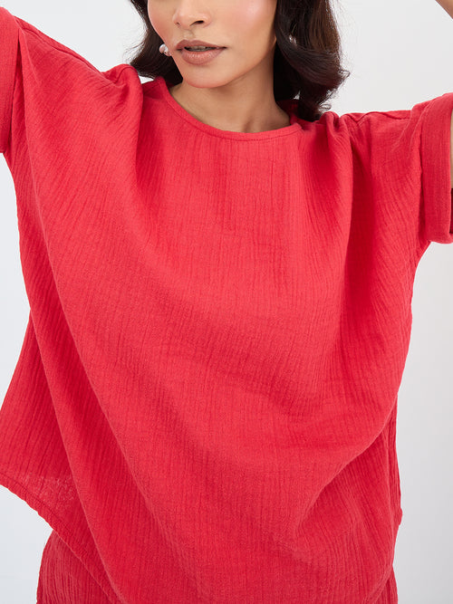 Cotton Gauze Red Round Neck Top With Straight Pant