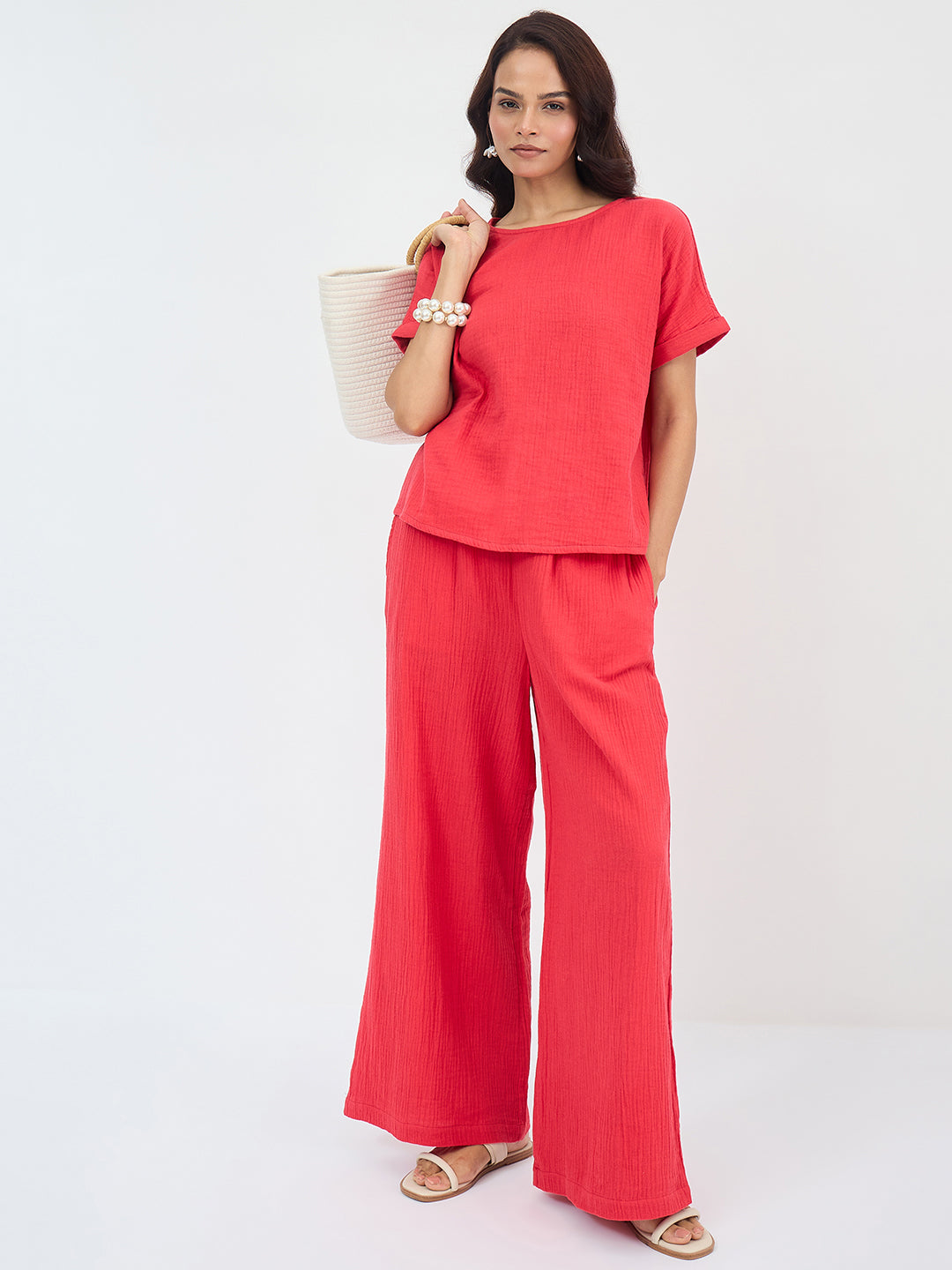Cotton Gauze Red Round Neck Top With Straight Pant