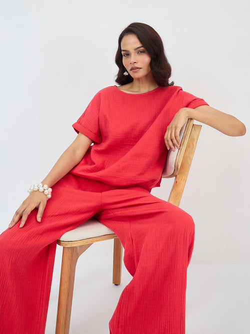 Cotton Gauze Red Round Neck Top With Straight Pant