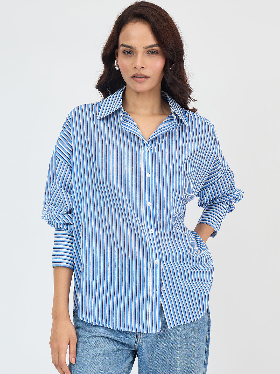 Blue Cotton Stripe Oversized Shirt