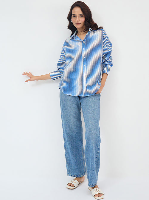 Blue Cotton Stripe Oversized Shirt