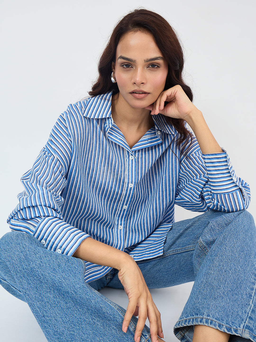 Blue Cotton Stripe Oversized Shirt