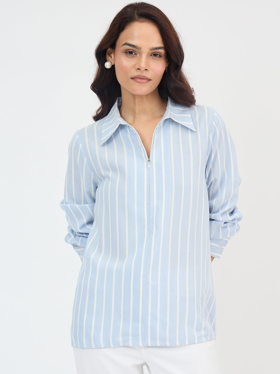 Blue And White Yarn Dyed Stripe Shirt