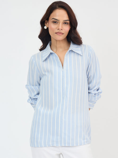 Blue And White Yarn Dyed Stripe Shirt