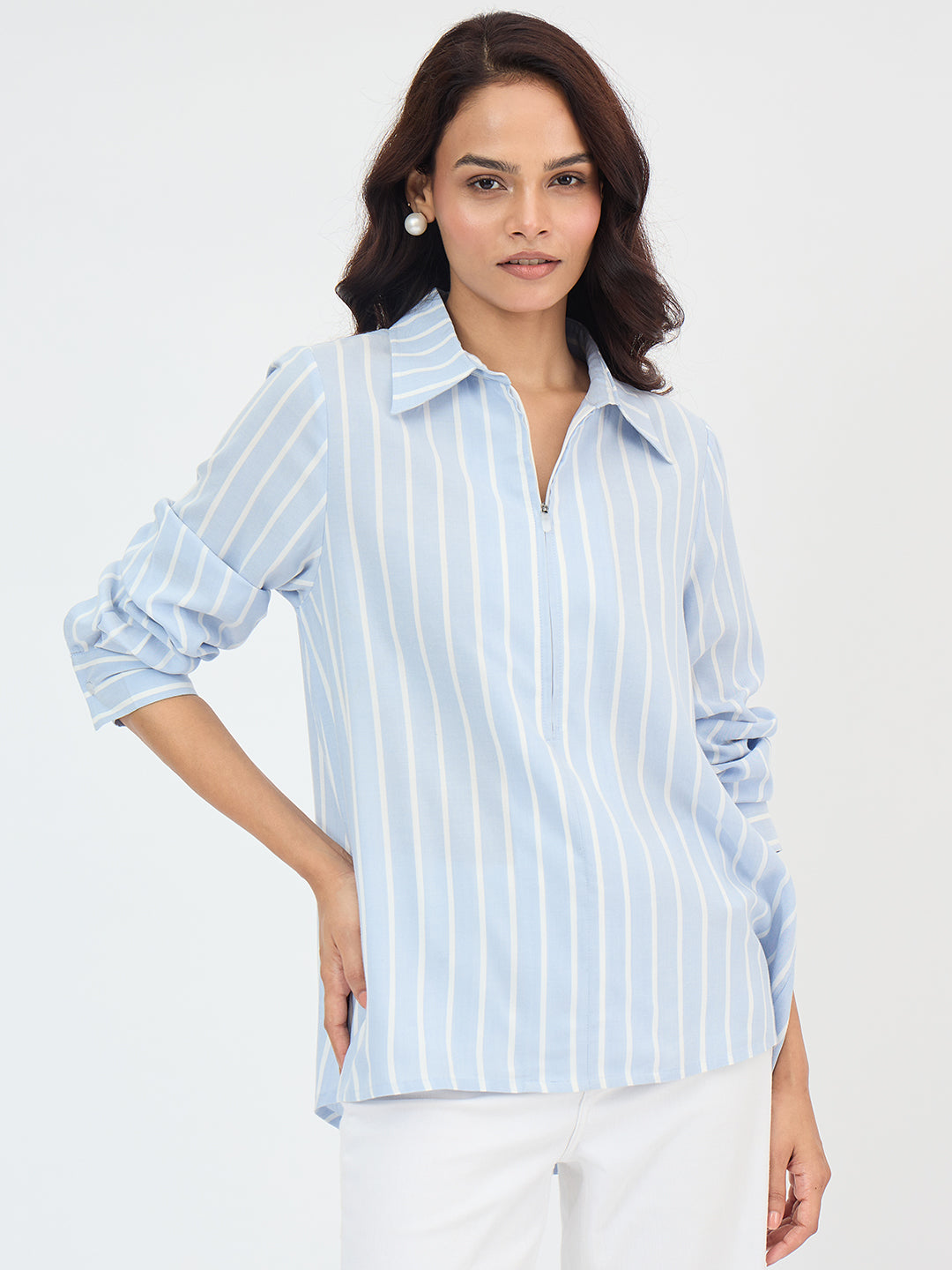 Blue And White Yarn Dyed Stripe Shirt