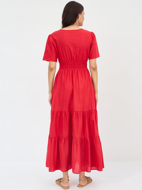 Red Cotton Tiered Maxi Dress