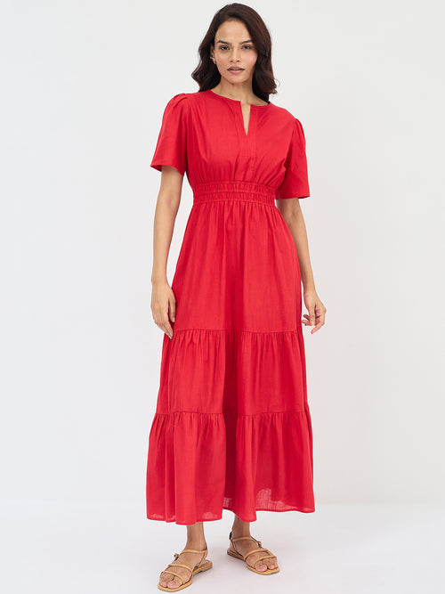 Red Cotton Tiered Maxi Dress