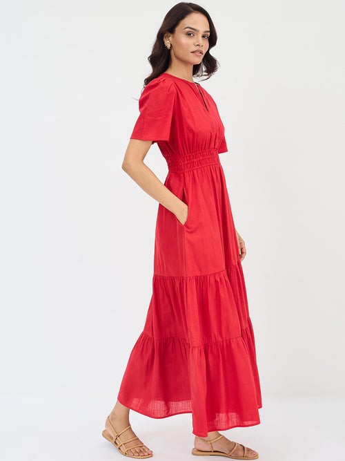 Red Cotton Tiered Maxi Dress